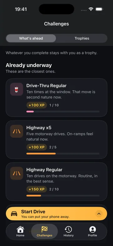 Challenges screen: challenges in progress — Drive-Thru Regular, Highway x5 and Highway Regular — with progress bars.