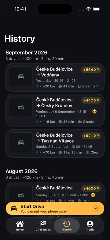 History screen: a list of drives with the date, approximate distance, time, weather and XP earned.