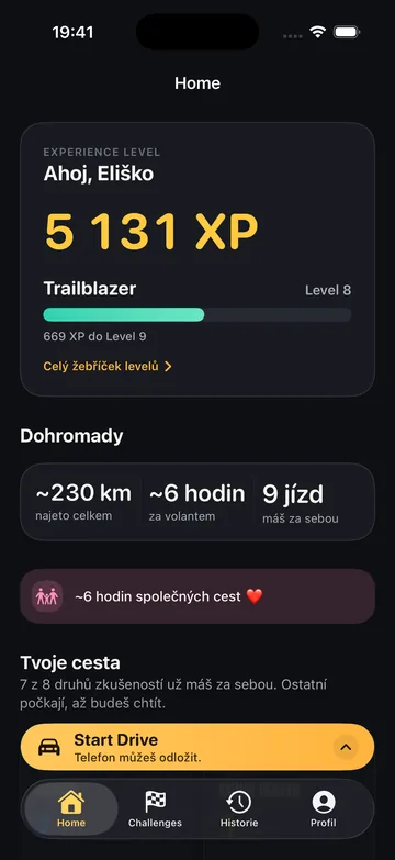 Domovská obrazovka drovee: Experience Level, 5 131 XP, Level 8 a přehled zkušeností.