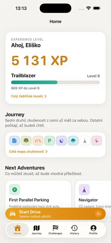 Domovská obrazovka drovee: Experience Level, 5 131 XP, Level 8 a přehled zkušeností.