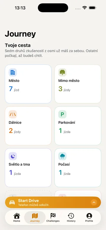 Obrazovka Journey: dlaždice Město, Mimo město, Dálnice, Parkování, Světlo a tma, Počasí s počtem jízd u každé.