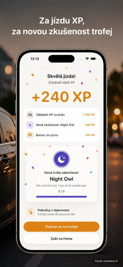 Telefon se souhrnem po jízdě: +240 XP a odemčená trofej Night Owl, v pozadí noční ulice. Titulek na snímku: Za jízdu XP, za novou zkušenost trofej.