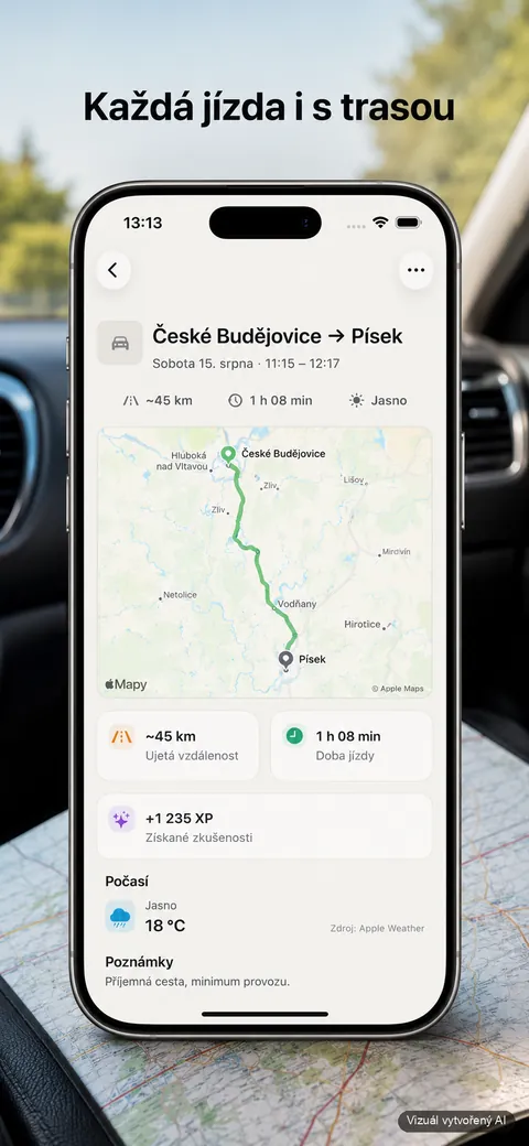 Telefon s detailem jízdy České Budějovice → Písek: trasa na mapě, ~45 km, 1 h 08 min a počasí. V pozadí rozložená mapa na sedadle. Titulek na snímku: Každá jízda i s trasou.