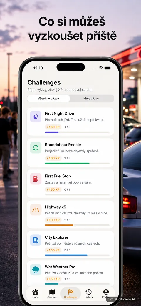 Telefon s obrazovkou Challenges, v pozadí čerpací stanice za soumraku. Titulek na snímku: Co si můžeš vyzkoušet příště.